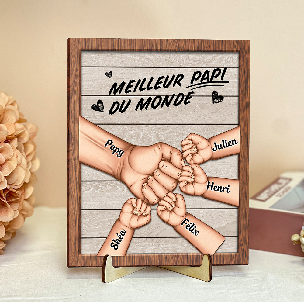 Plaque en bois personnalisée Papi 1 à 8 Prénoms et Poing, cadeau pour la Fête des grands-pères| Jessemade