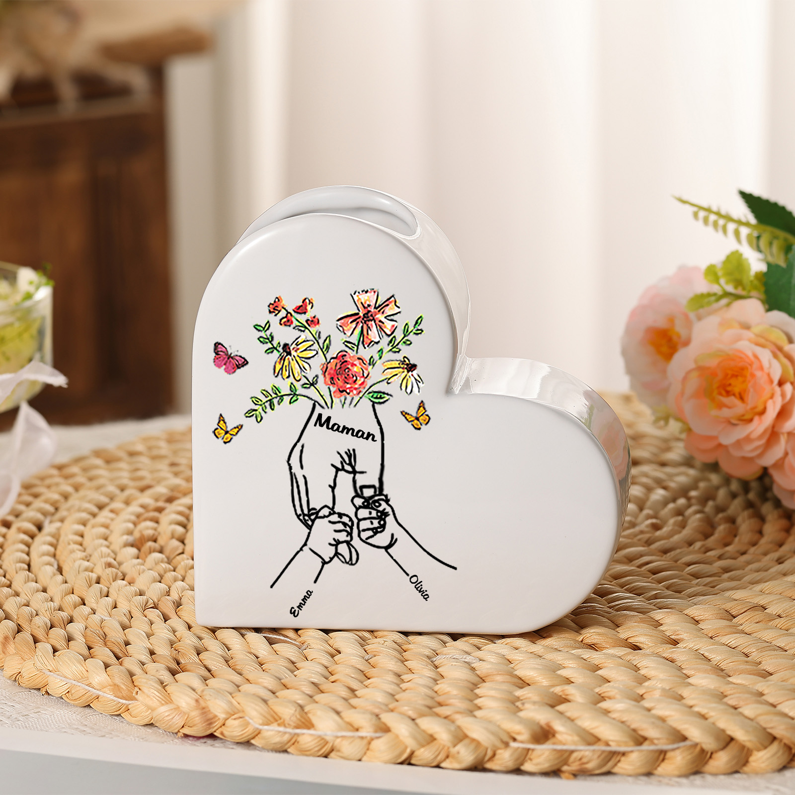 Vase en céramique en forme de cœur personnalisable cadeau Fête des Mères anniversaire pour maman | Jessemade