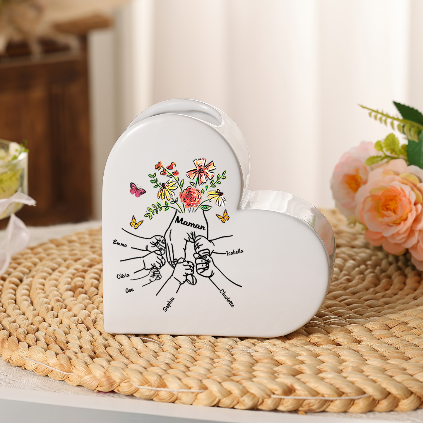 Vase cœur en céramique Personnalisé avec Texte et 2 à 8 Noms pour Maman ou Mamie