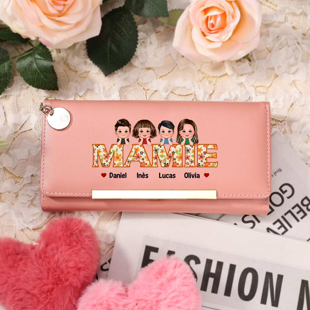 Cadeau Mamie - Portefeuille Personnalisé avec 1-6 Prénoms et Personnages Enfants Porte-monnaie en Cuir PU | Jessemade
