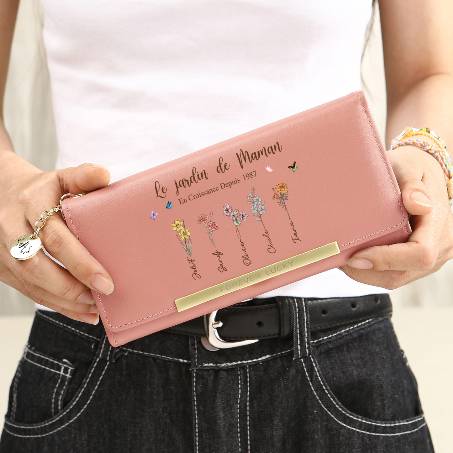 Portefeuille en cuir personnalisé pour femme « Le Jardin de Maman », conçu avec 1 à 8 Fleurs de naissance et Prénoms