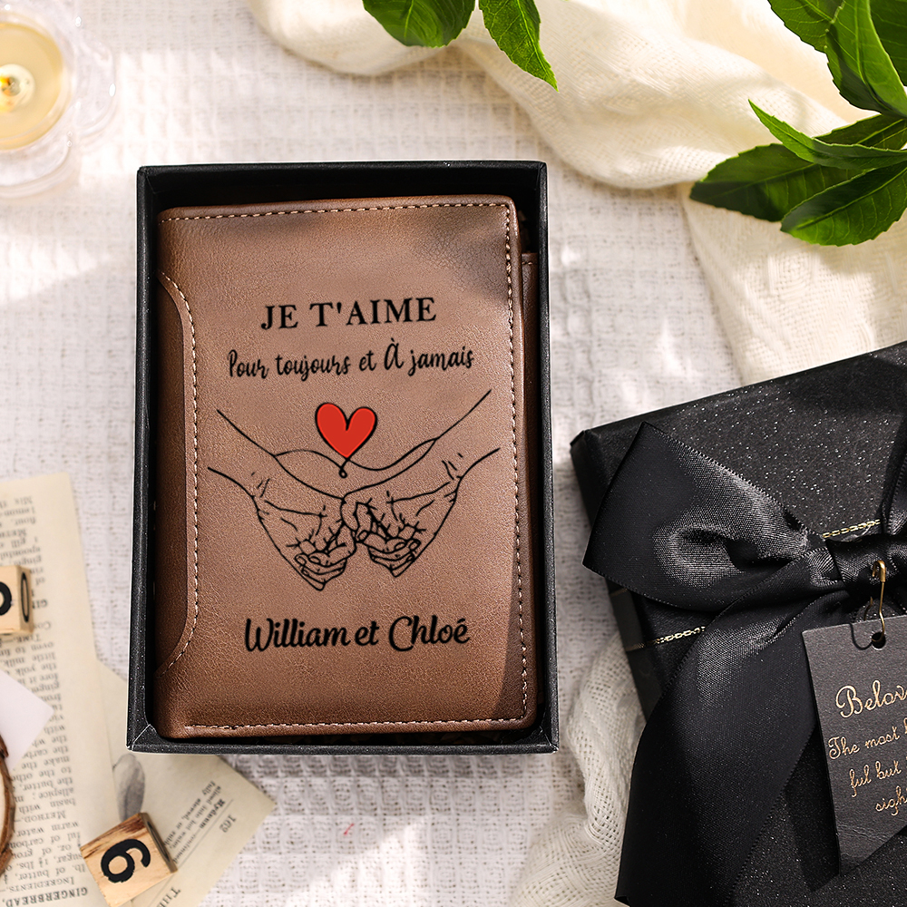 Portefeuille Personnalisé en Cuir pu avec Prénoms et Message « Je t'aime pour toujours et à jamais » pour Homme