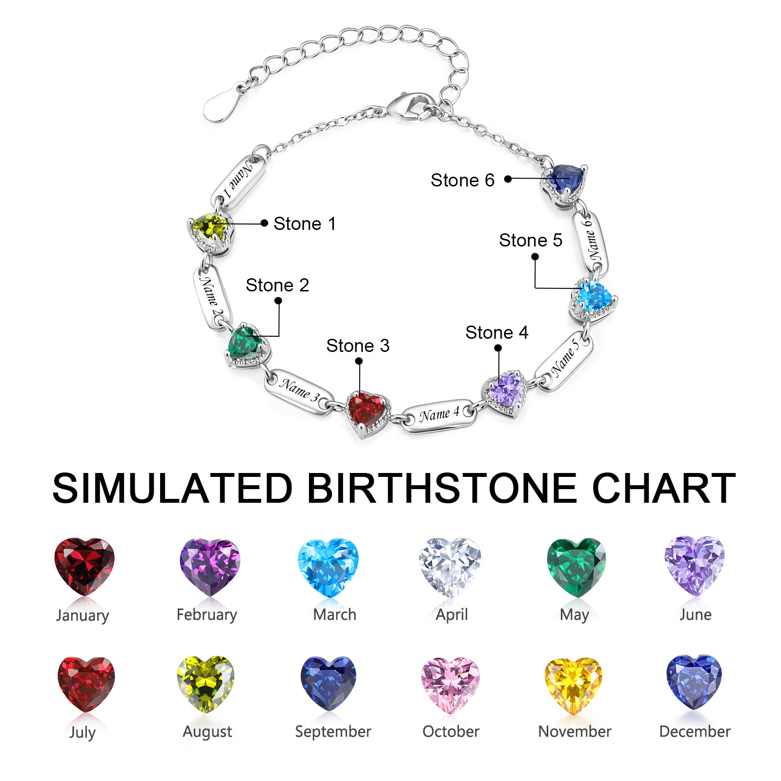 Bracelet Personnalisé avec 1 à 6 Prénoms & Pierres de Naissance en Cœur – Bijou Symbolique d’Amour et de Lien