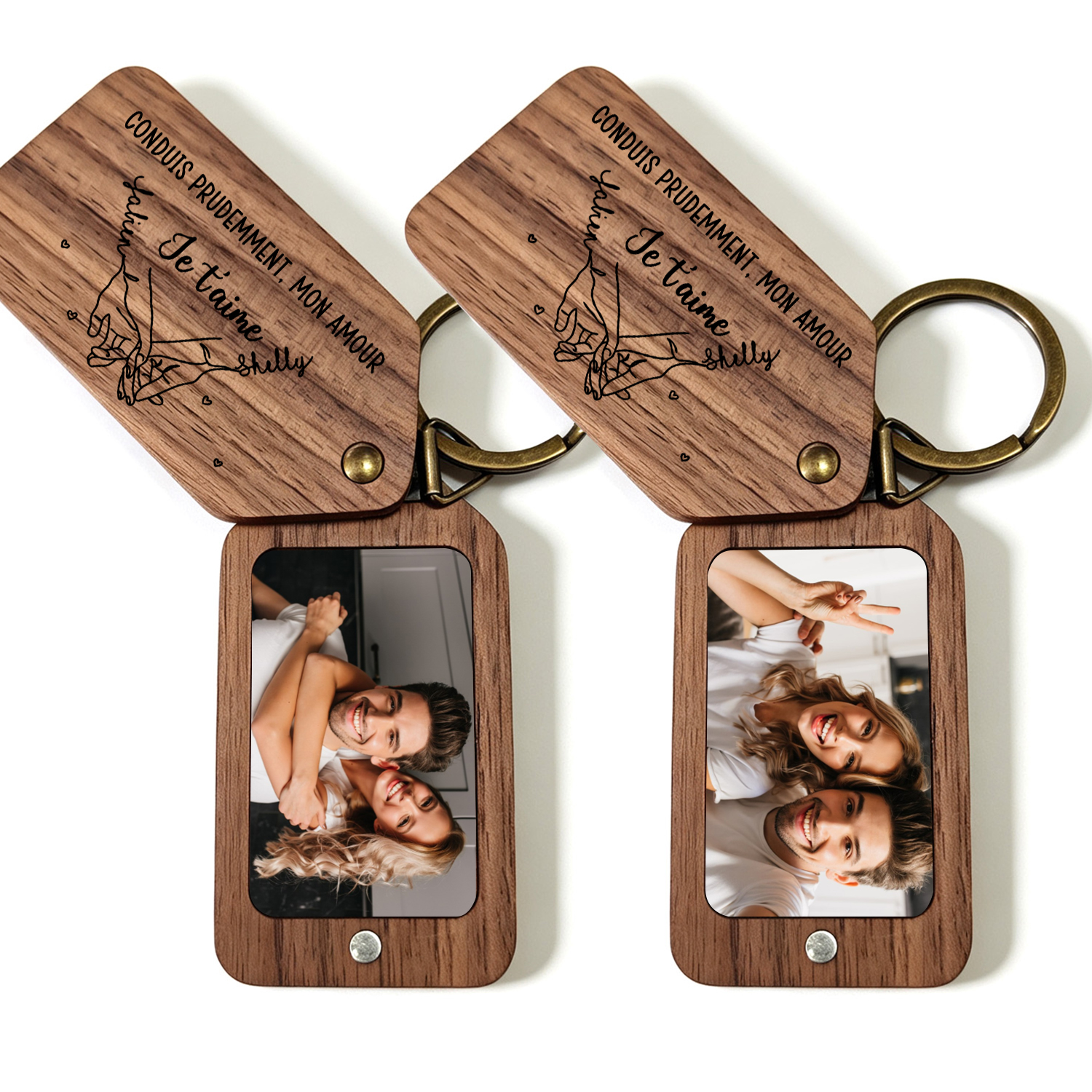 Porte-Clés Photo Personnalisé en Bois avec Promesse du Petit Doigt et 2 Photos