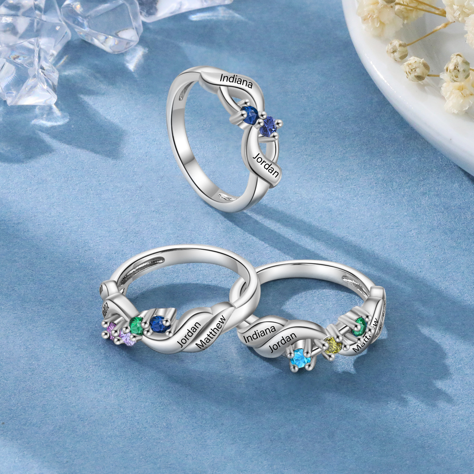 Bague Infini Personnalisée avec Prénoms et Pierres de Naissance – Bijou Gravé pour Femme