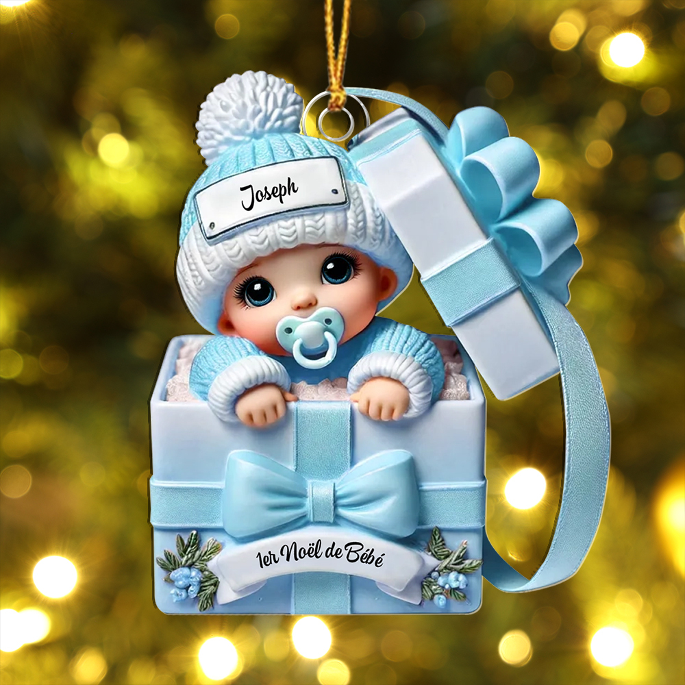 Décoration Sapin Noël personnalisée – Bébé dans une boîte cadeau pour son premier Noël