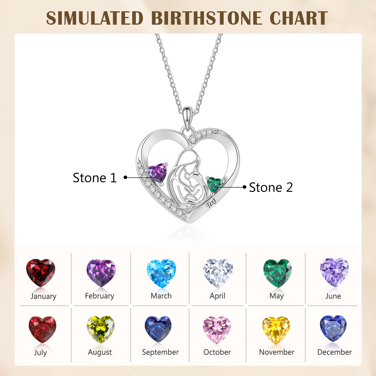 Collier Mère-enfant Personnalisé avec 2 Pierres de Naissance en forme de Cœur, Cadeau pour Maman à la Fête des Mères