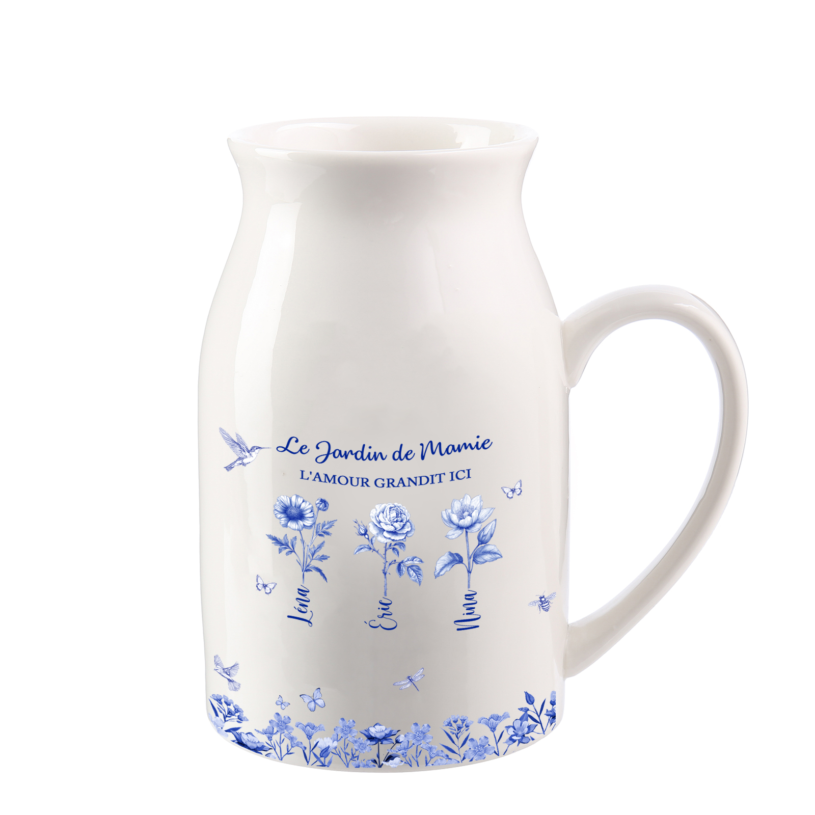 Vase en céramique personnalisé « Le jardin de Mamie » en forme de pichet, motif floral bleu et blanc