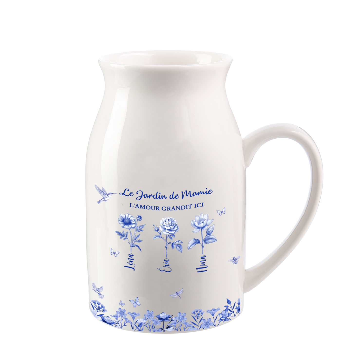 Vase en céramique personnalisé « Le jardin de Mamie » en forme de pichet, motif floral bleu et blanc