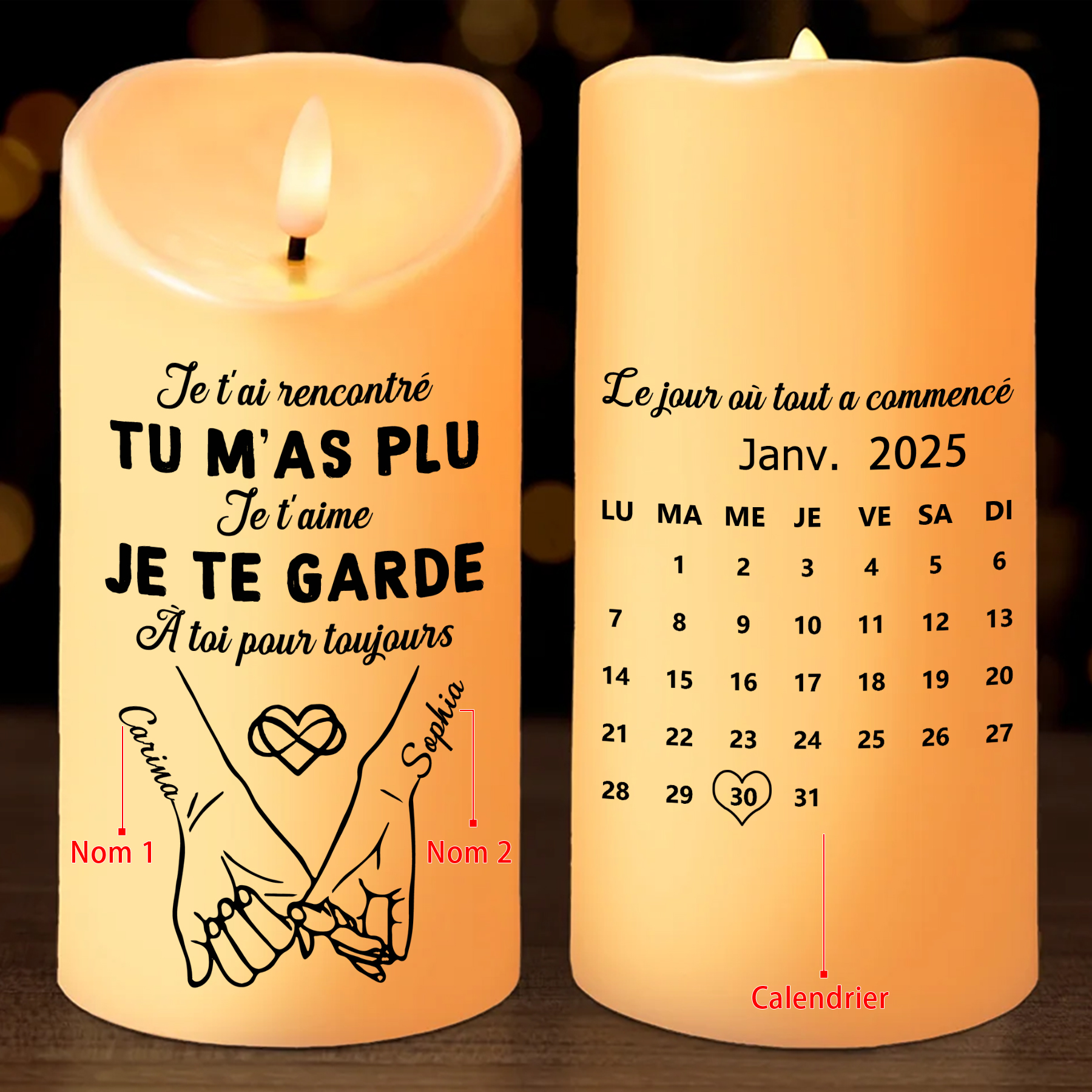 Bougie LED Personnalisée pour Couple avec 2 Prénoms