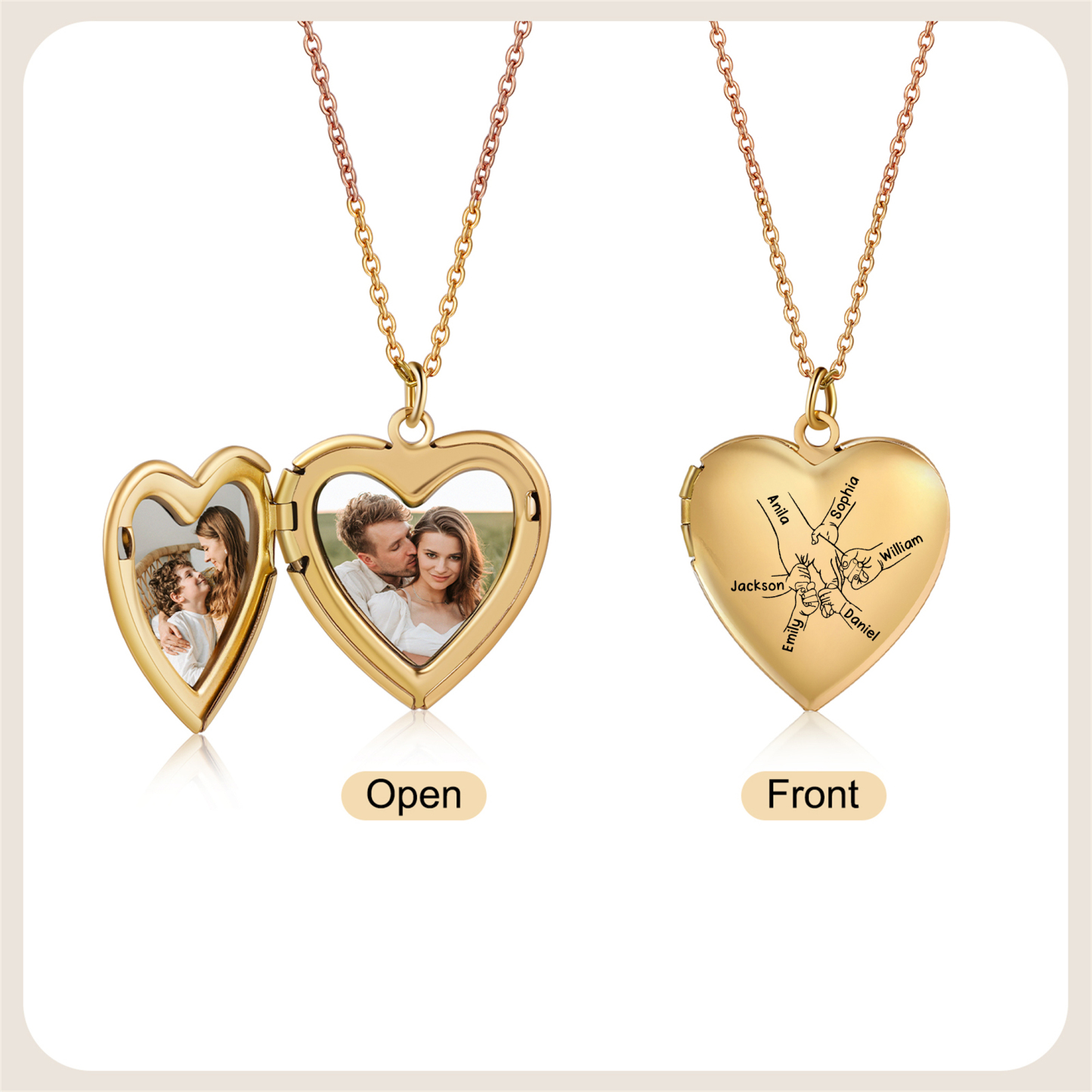 Collier Médaillon Cœur Personnalisé avec 2 Photos et 2 à 8 Prénoms Gravés – Bijou Souvenir Famille