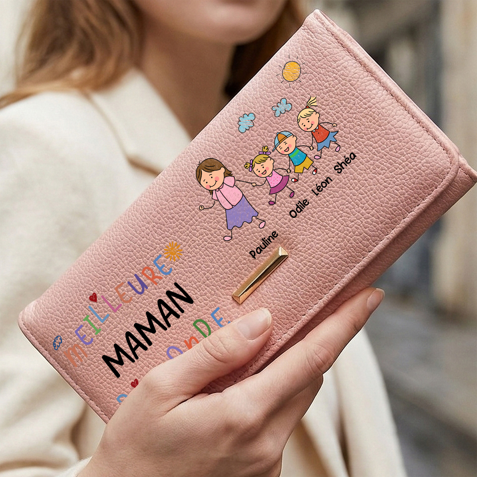 Portefeuille en cuir Personnalisé « Meilleure Maman/Mamie du monde » avec motif familial, personnalisé avec 1 à 8 Prénoms