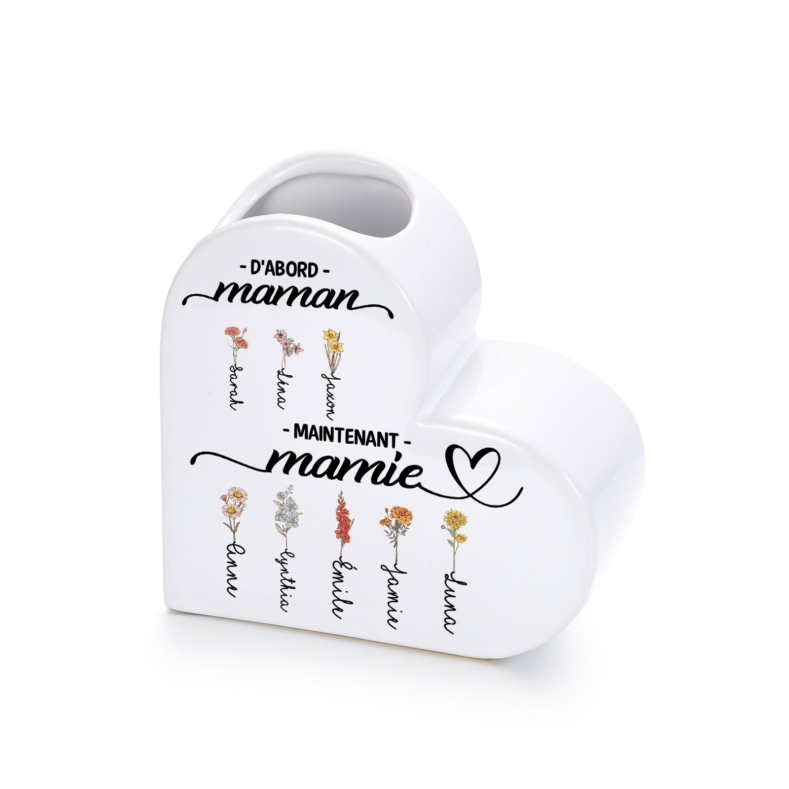 Vase cœur en céramique Personnalisée avec 2 à 12 Fleurs de Naissance et Prénom au choix