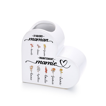 Vase cœur en céramique Personnalisée avec 2 à 12 Fleurs de Naissance et Prénom au choix