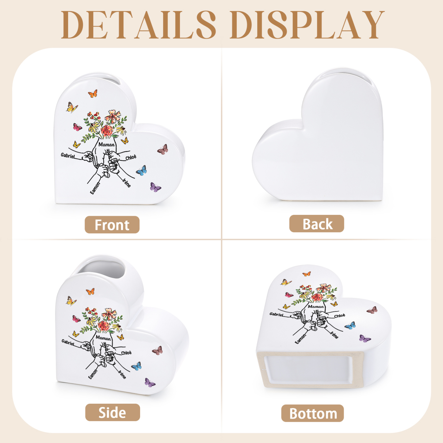 Vase Cœur en Céramique Personnalisé (2–8 Prénoms), Motif « Mains dans la main », Cadeau pour Maman ou Mamie