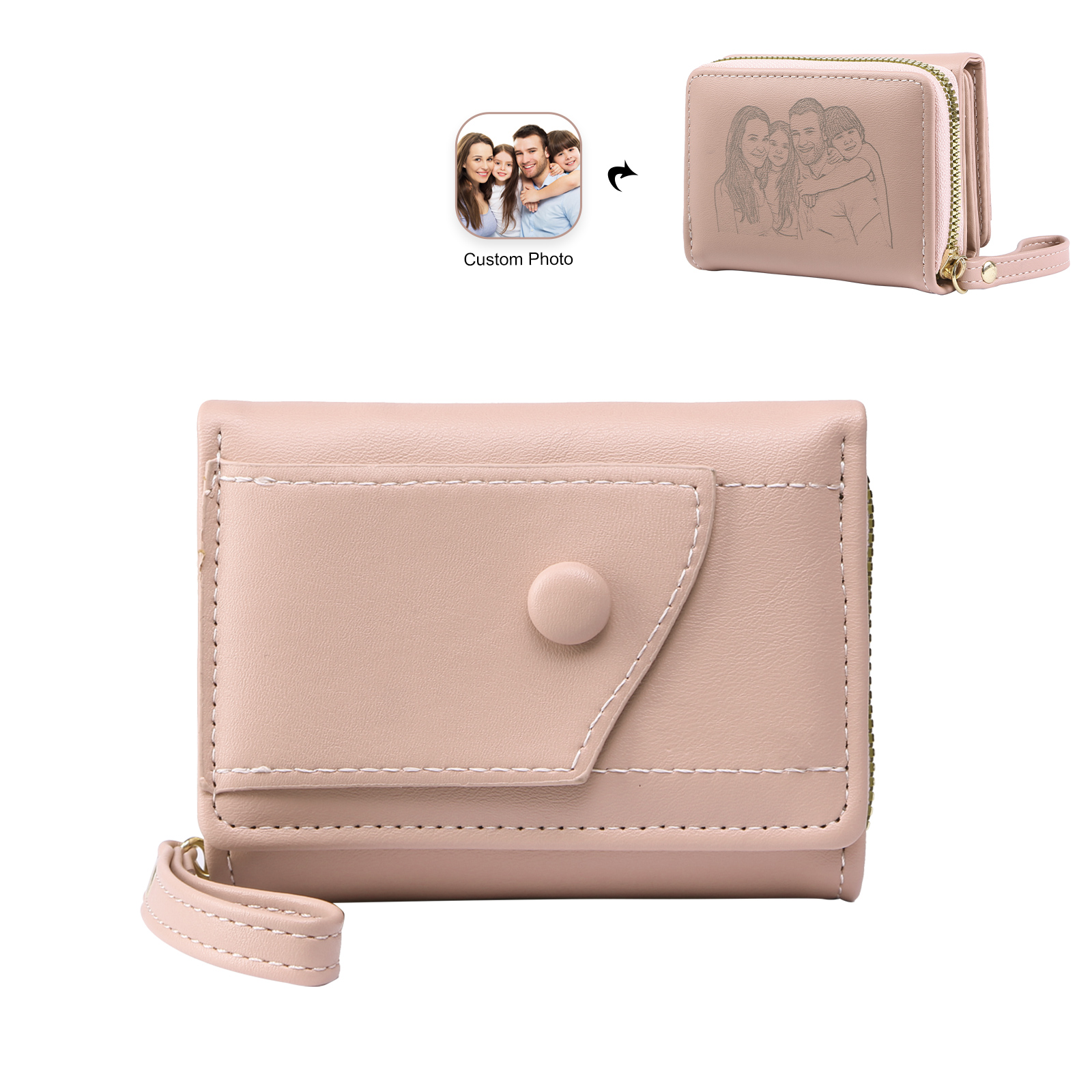 Portefeuille Femme Personnalisé avec Photo Gravée – Portefeuille Zippé en Cuir PU