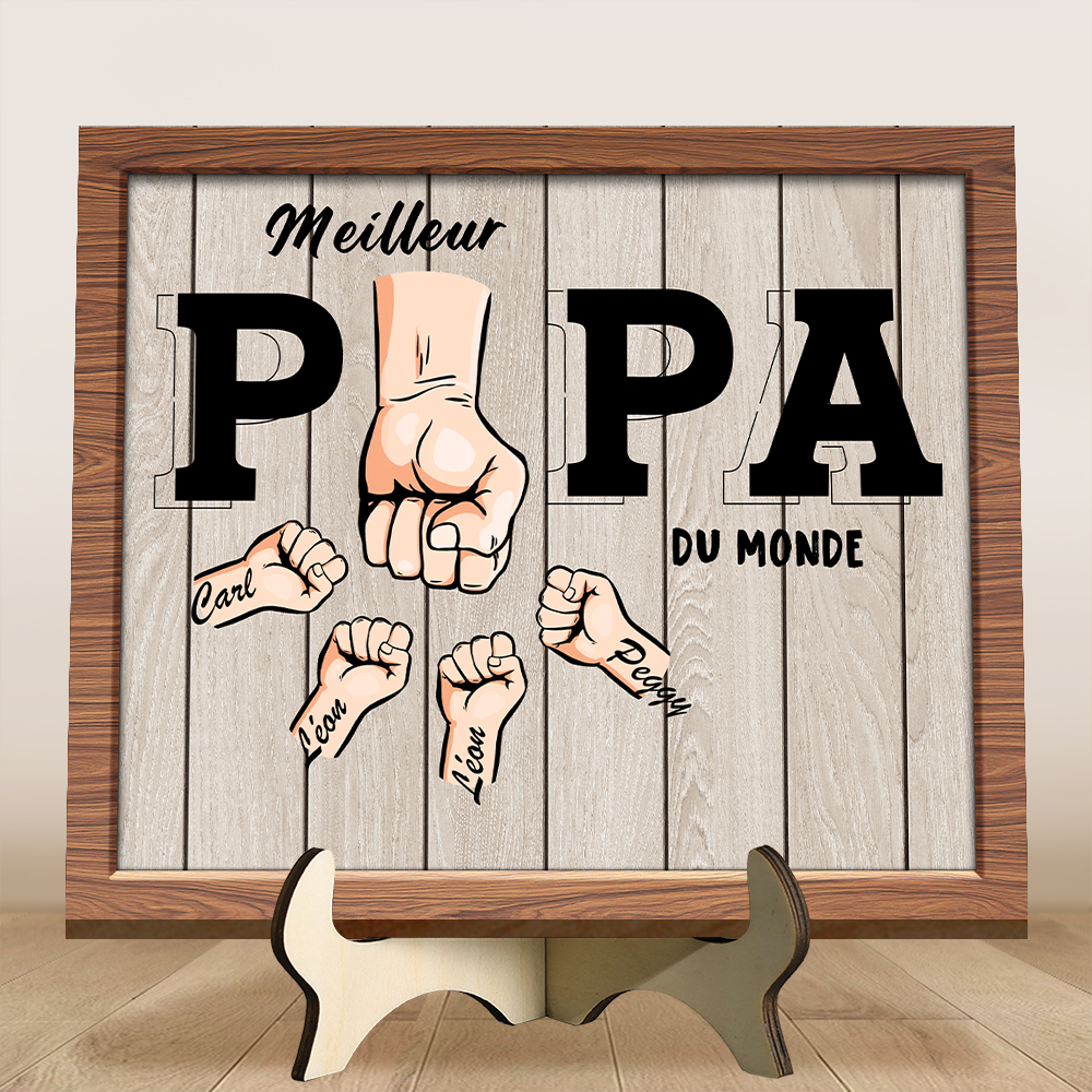 Plaque en bois personnalisée avec Poing et l'inscription "Meilleur papa du monde"