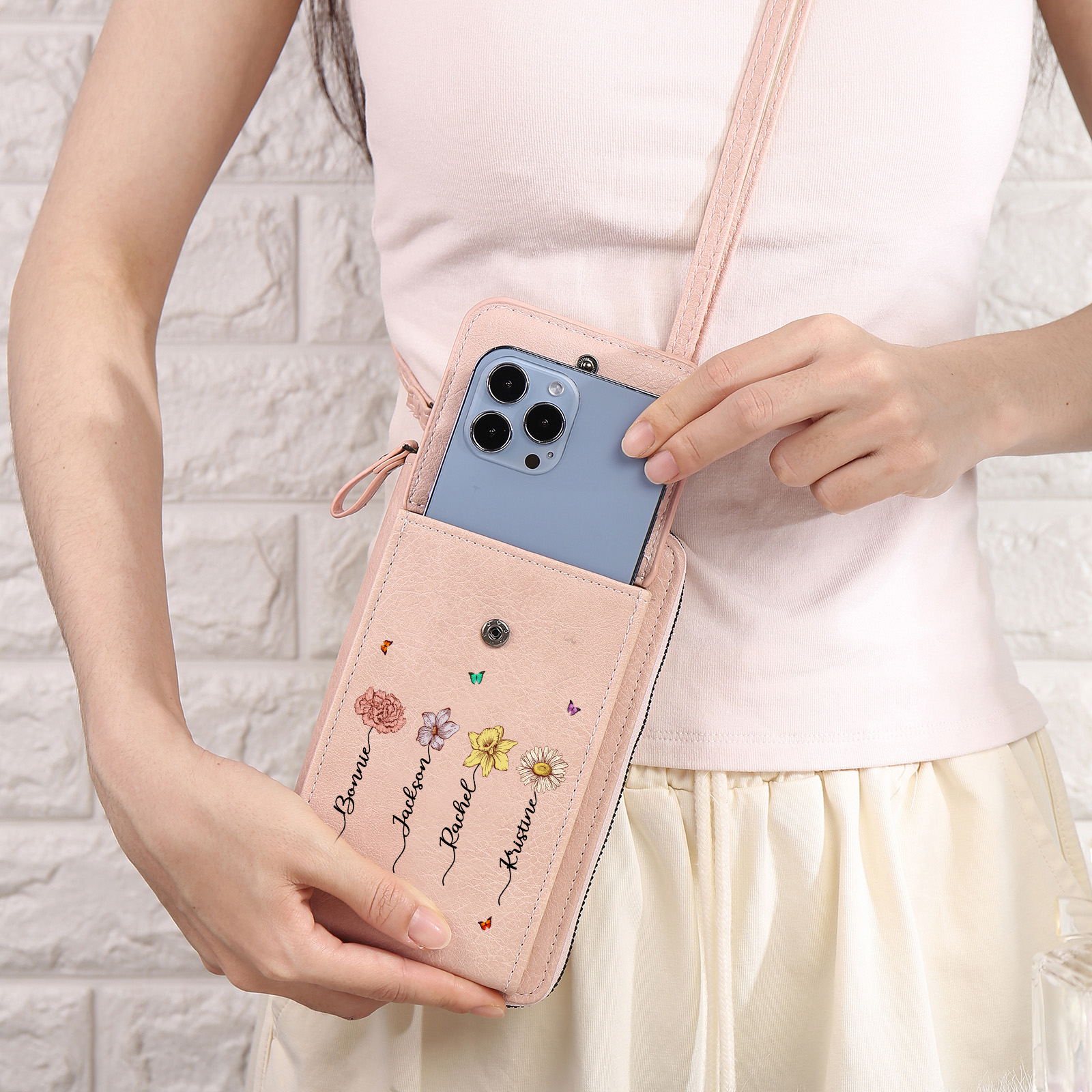 Sac bandoulière personnalisé, Portefeuille Personnalisé avec 1-6 Prénoms et Fleurs de Naissance Cadeau Pratique pour Mamie | Jessemade