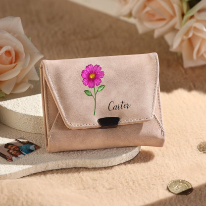 Portefeuille pour femme personnalisé en cuir avec fleur de naissance et prénom
