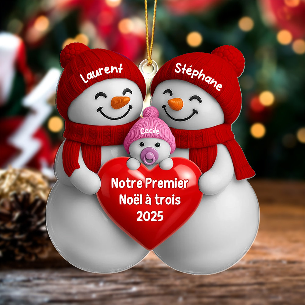 Décoration Sapin Noël Personnalisée avec 3 Bonhommes de Neige pour de Jeunes Parents