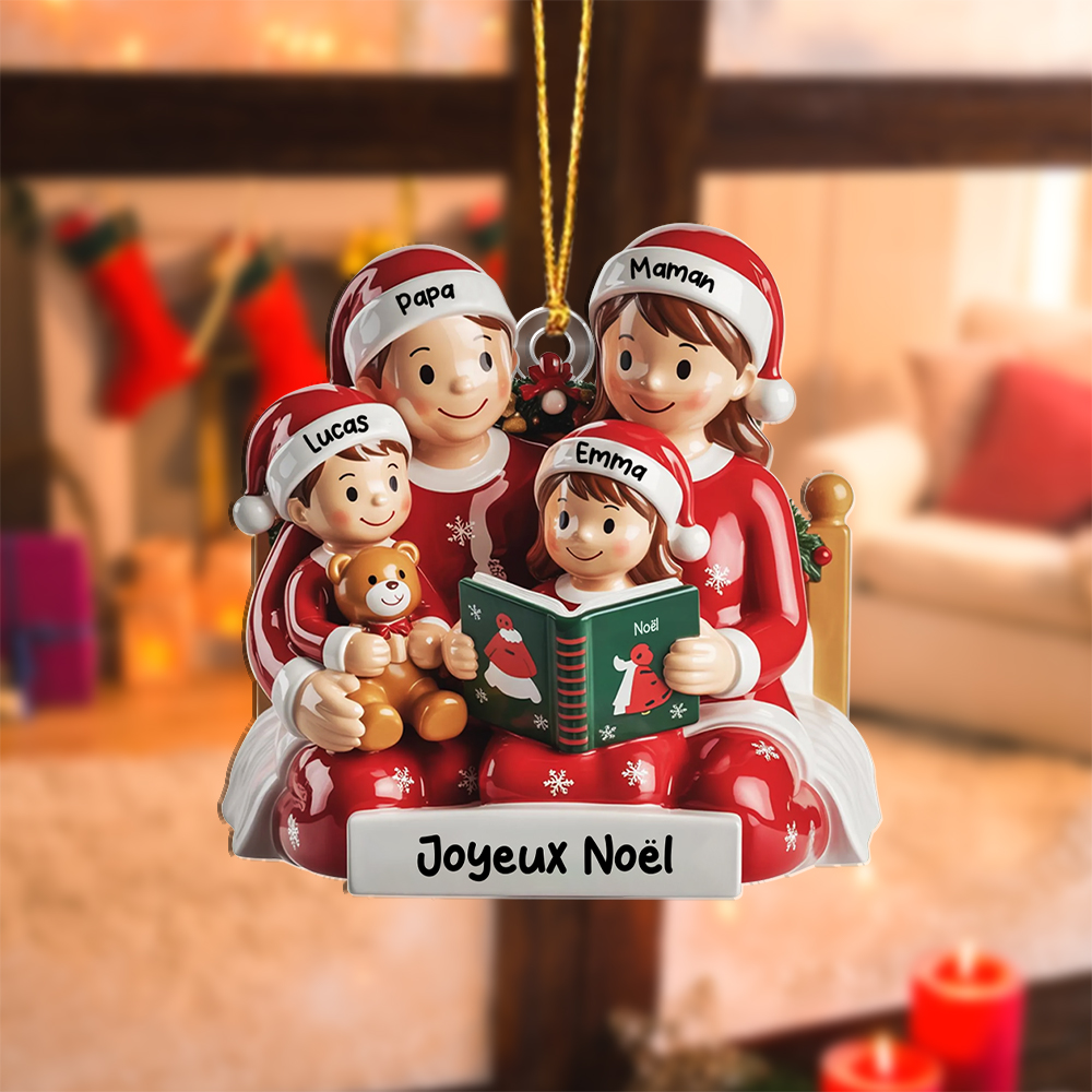 Décoration Sapin Noël personnalisée avec bonnets de Père Noël, motif de livre pour la Famille