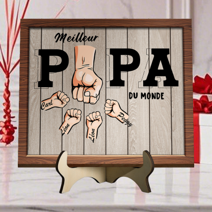 Plaque en bois personnalisée avec Poing et l'inscription "Meilleur papa du monde"