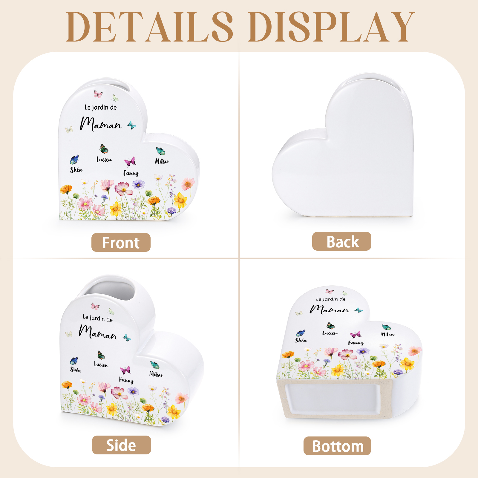 Vase Cœur Personnalisé en Céramique avec 1-10 Prénoms et Papillons pour Maman ou Mamie