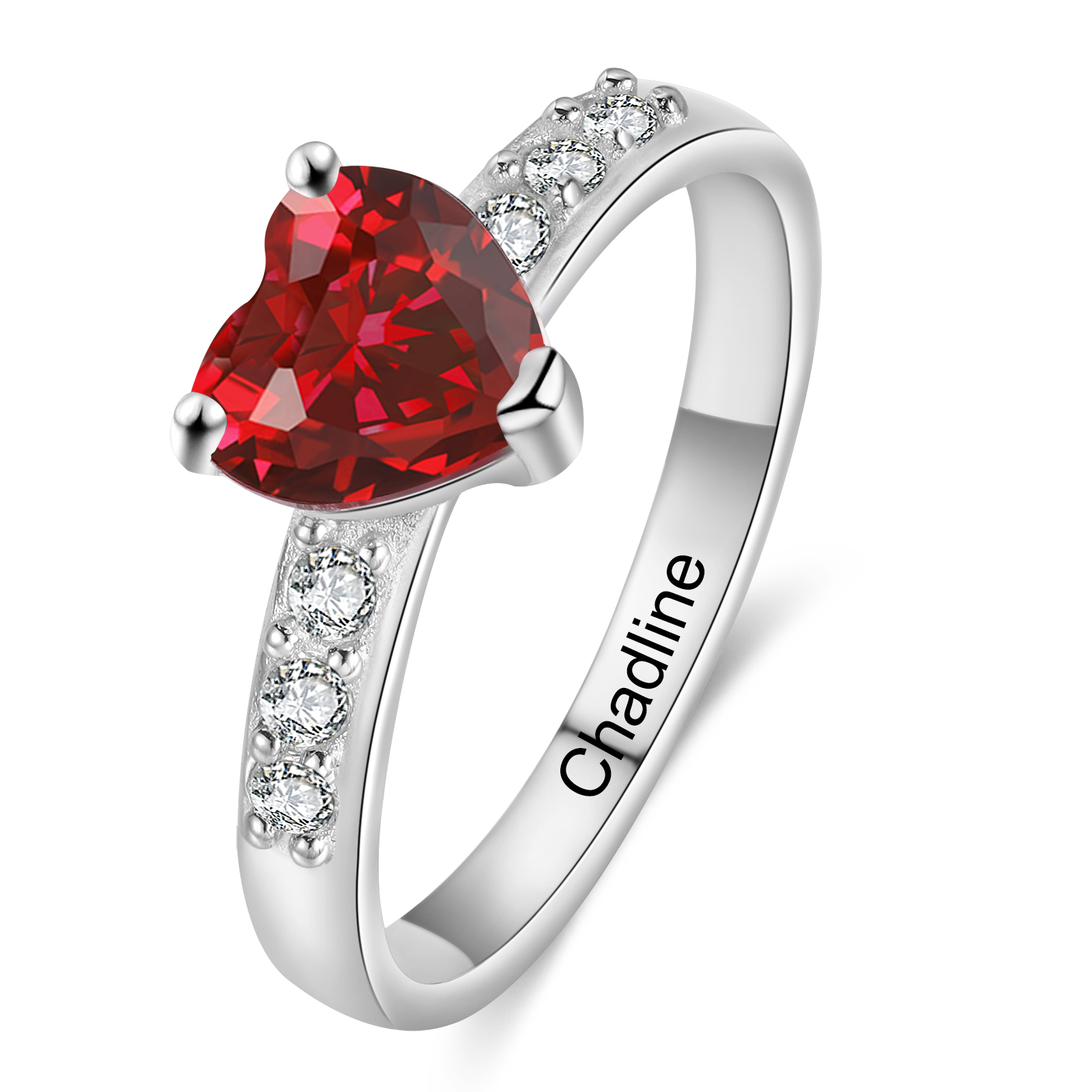 Bague Cœur Personnalisée en Argent 925 avec Pierre de Naissance – Gravure de Prénom pour Femme