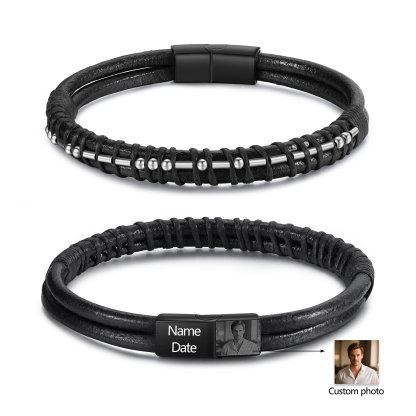 Bracelet cuir noir homme code Morse personnalisé
