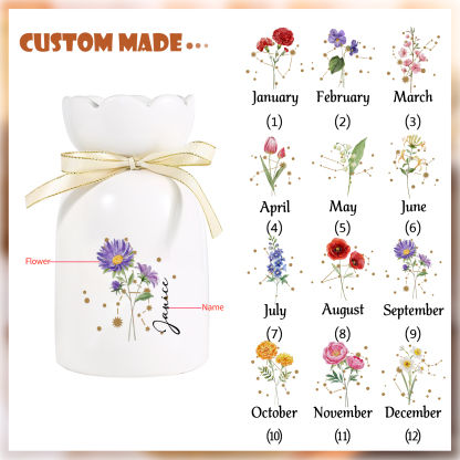 Vase Personnalisé en Céramique avec Fleur de Naissance et Prénom, Décoration Élégante, Idée Cadeau pour Femme, Maman ou Mamie
