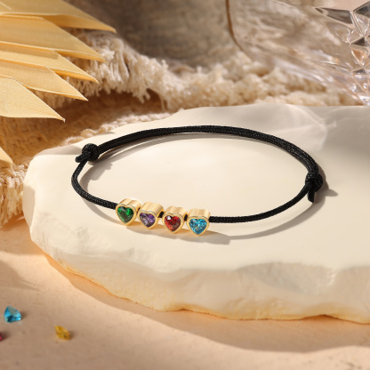 Bracelet en corde ajustable personnalisé avec 2 à 5 pierres de naissance en forme de cœur