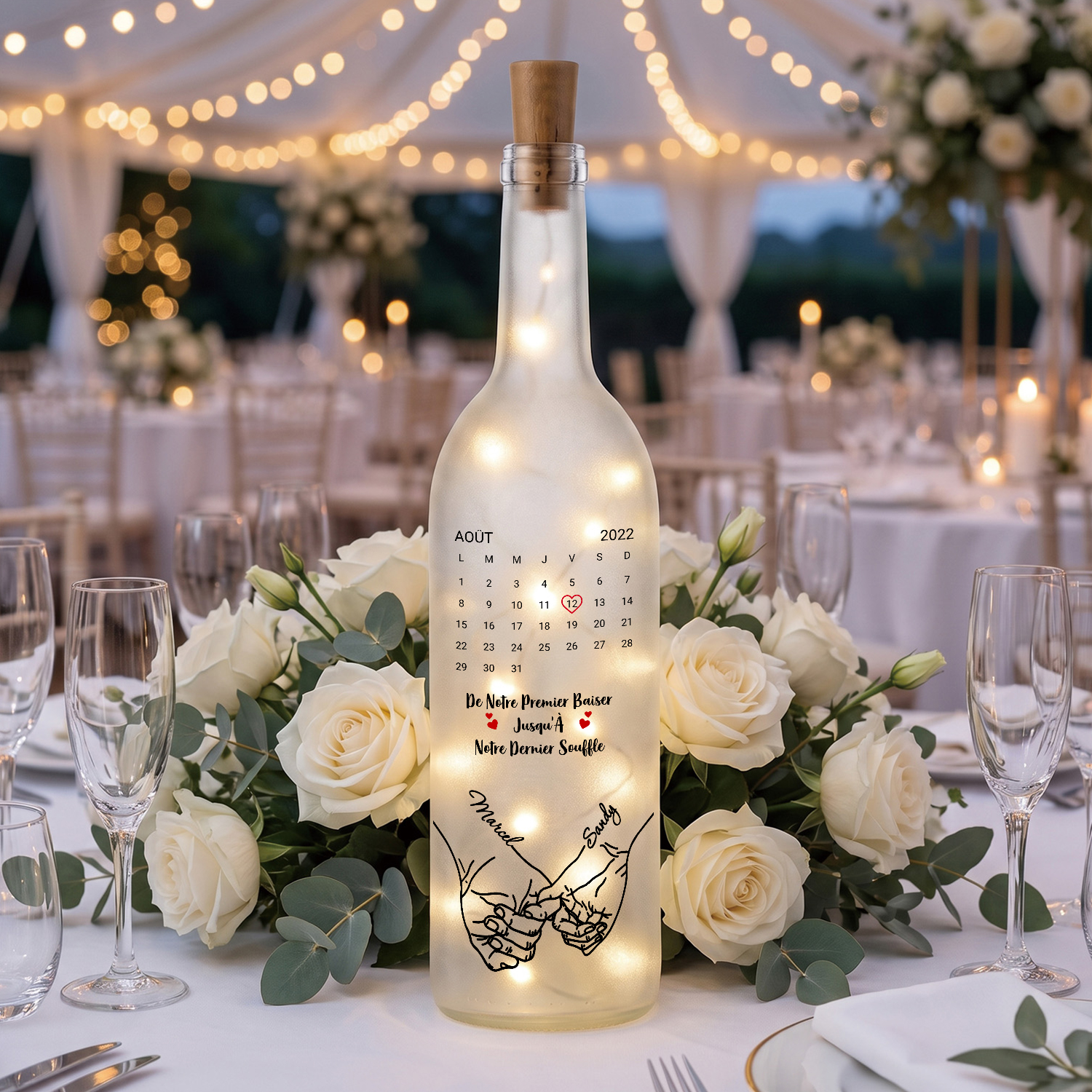 Bouteille Lumineuse Personnalisée Couple avec 2 Prénoms et Date – Cadeau Souvenir Romantique
