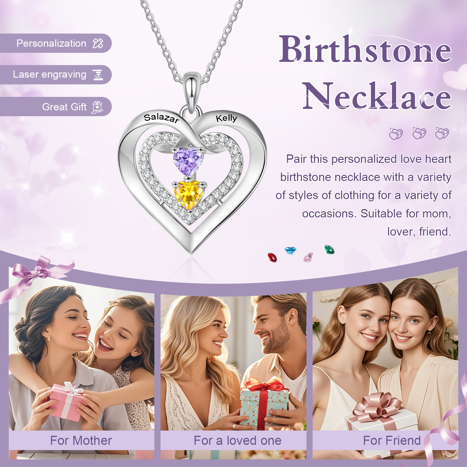 Collier Double Cœur Personnalisé avec Prénoms et 2-4 Pierres de Naissance