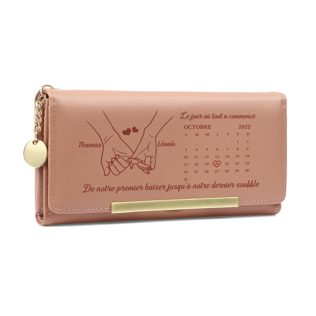 Portefeuille Femme Personnalisé avec Calendrier et Prénoms – Le Jour où Tout a Commencé
