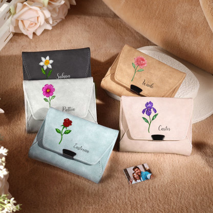 Portefeuille pour femme personnalisé en cuir avec fleur de naissance et prénom