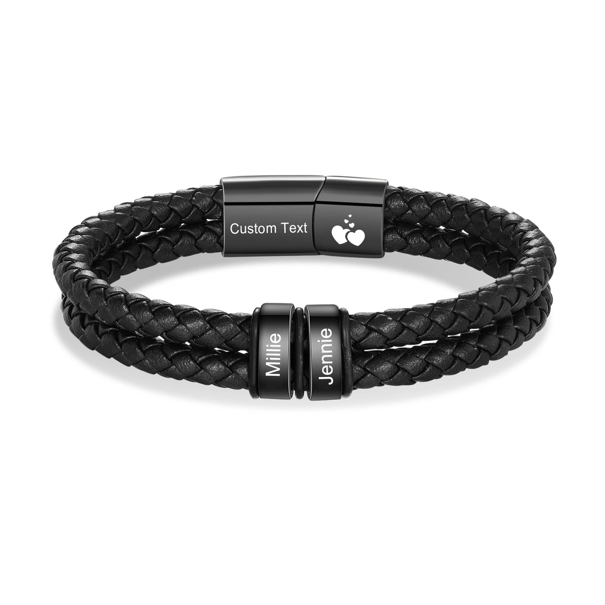 Bracelet en cuir tressé noir Personnalisé avec 2 à 6 Prénoms pour Homme