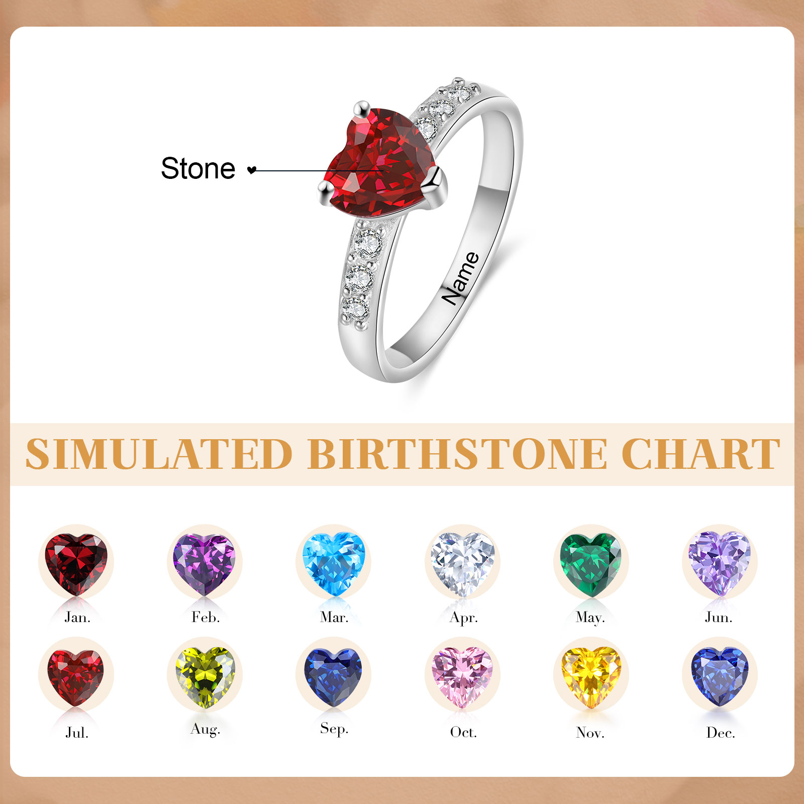 Bague Cœur Personnalisée en Argent 925 avec Pierre de Naissance – Gravure de Prénom pour Femme
