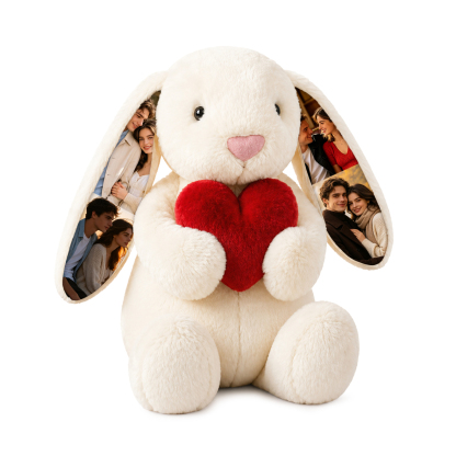 Lapin en peluche personnalisé avec 4 photos et un cœur rouge – Cadeau pour votre fille ou votre petite amie