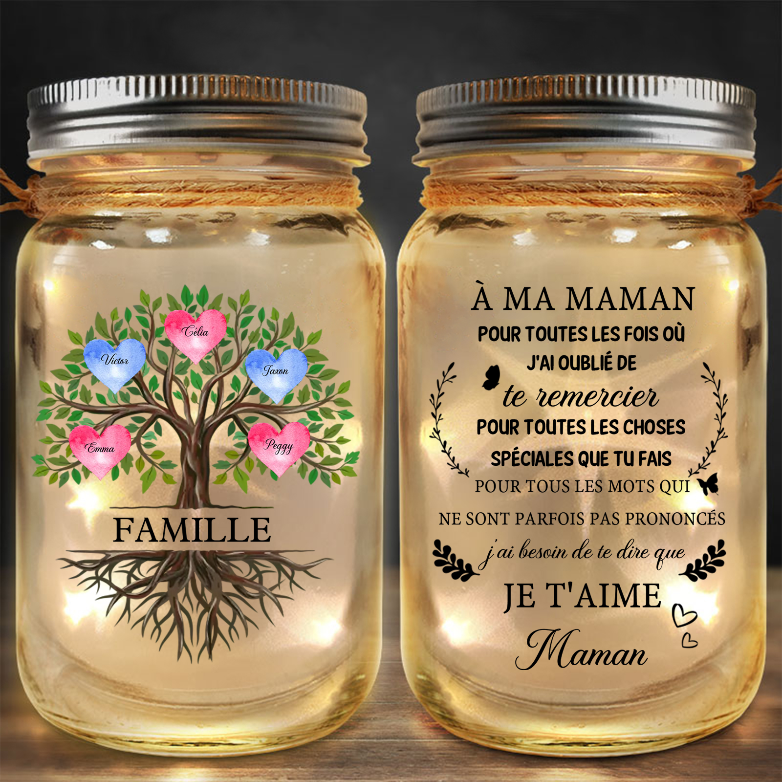 Bouteille Lumineuse Personnalisé Arbre de Famille Bocal Solaire remercier Maman