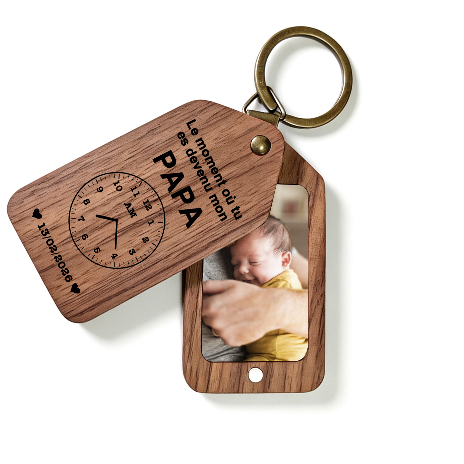 Porte-Clés en Bois Personnalisé avec Photo et Date pour Papa/Papi