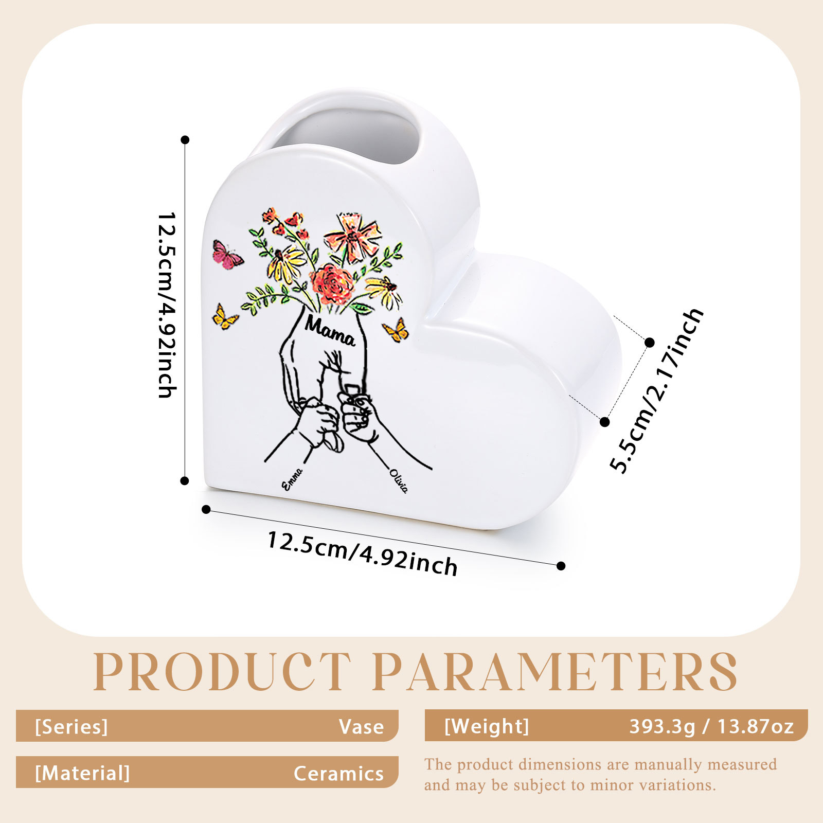 Vase cœur en céramique Personnalisé avec Texte et 2 à 8 Noms pour Maman ou Mamie