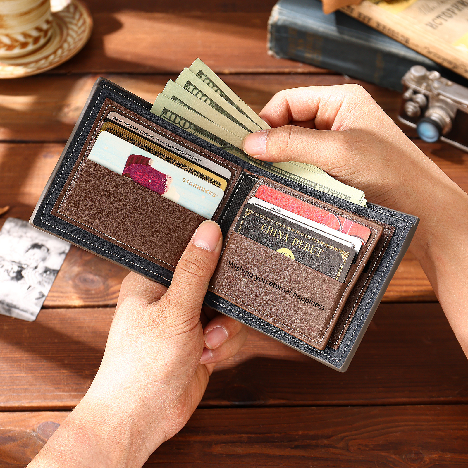 Portefeuille Homme Bicolore Personnalisé en cuir PU, à deux volets, personnalisé avec Photo, Calendrier, Initiales ou Prénom