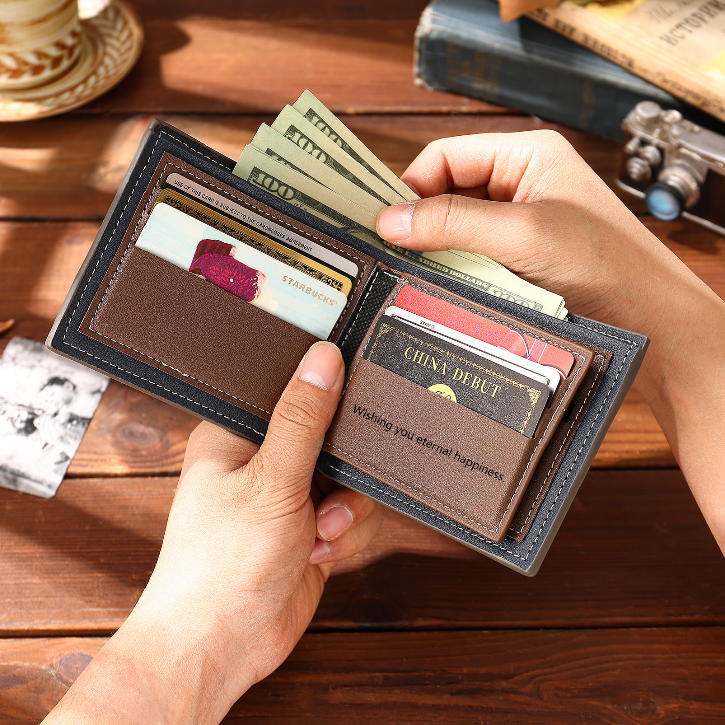 Portefeuille Homme Bicolore Personnalisé en cuir PU, à deux volets, personnalisé avec Photo, Calendrier, Initiales ou Prénom