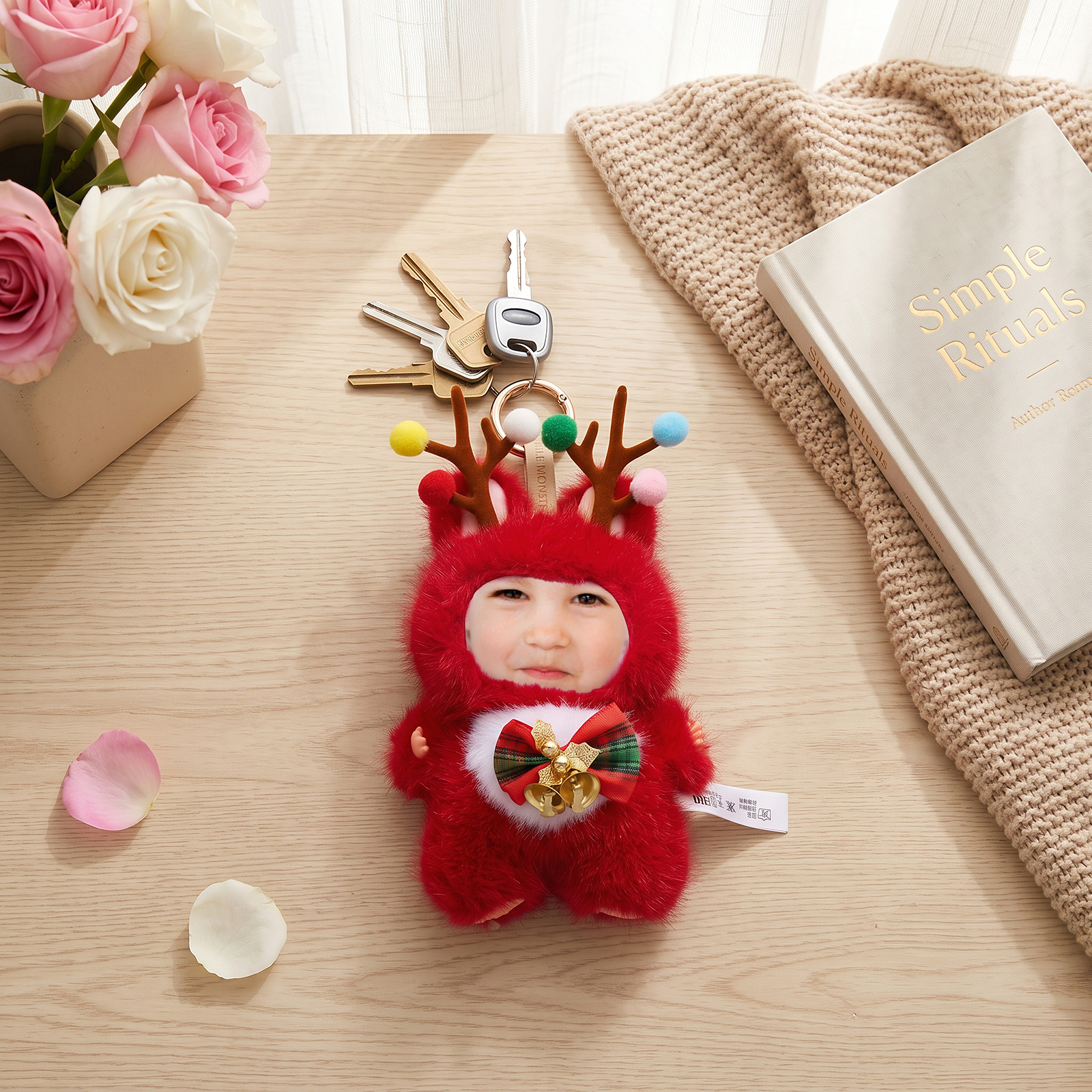 Porte-clés photo personnalisé en peluche d’élan de Noël