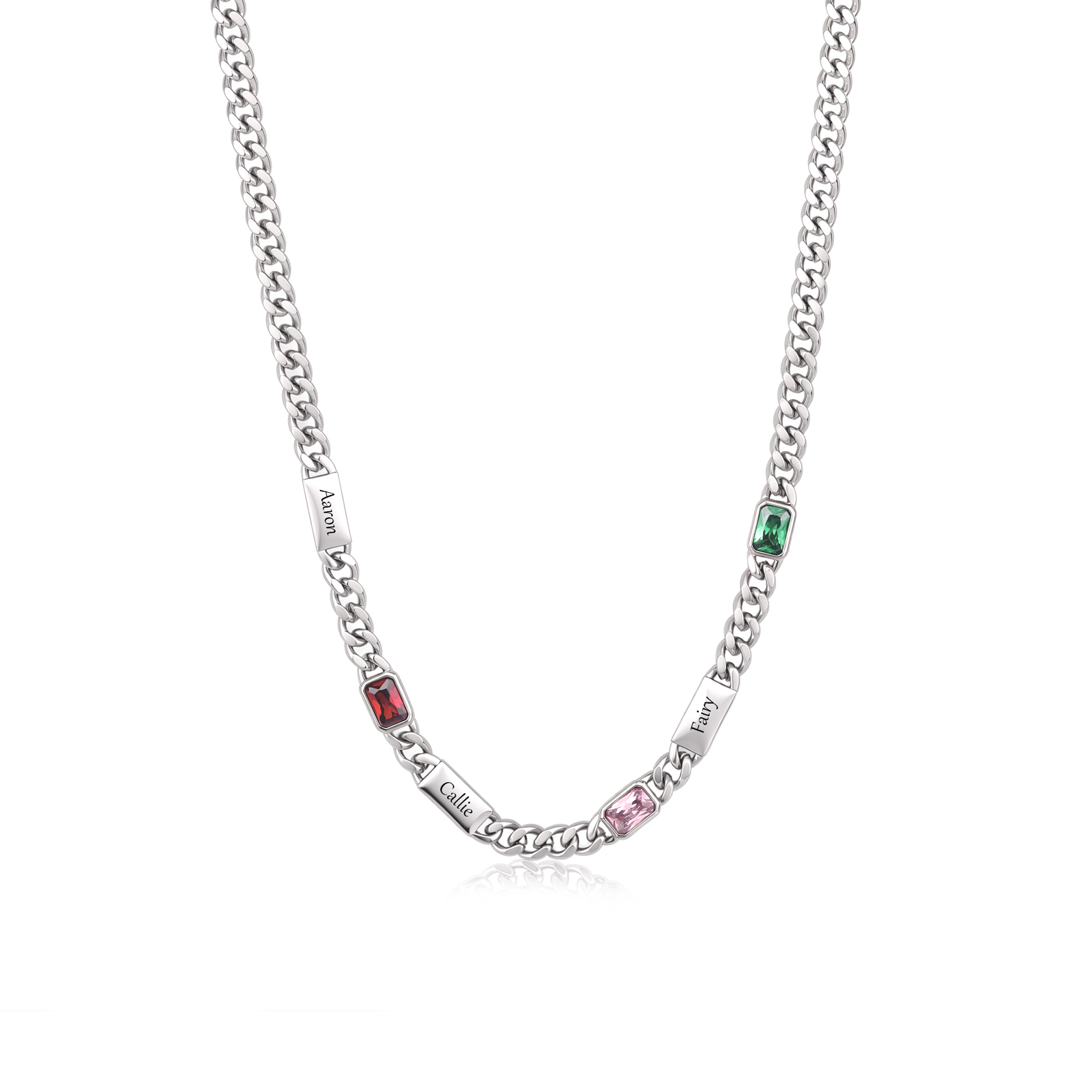 Collier Chaîne Cubaine Personnalisé avec 1 à 6 Prénoms et Pierres de Naissance Rectangulaires pour Homme