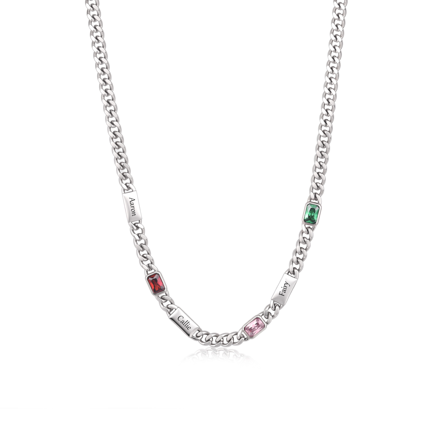 Collier Chaîne Cubaine Personnalisé avec 1 à 6 Prénoms et Pierres de Naissance Rectangulaires pour Homme