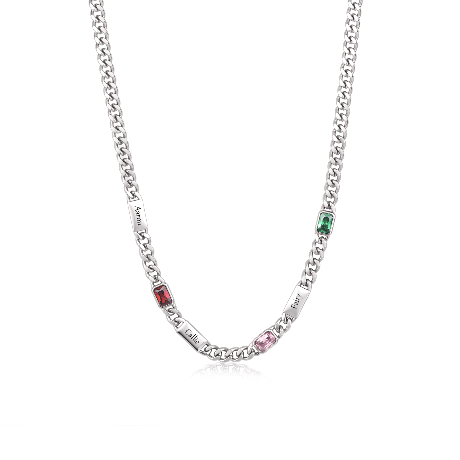 Collier Chaîne Cubaine Personnalisé avec 1 à 6 Prénoms et Pierres de Naissance Rectangulaires pour Homme