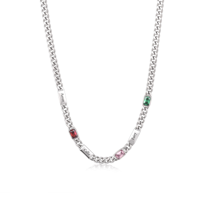 Collier Chaîne Cubaine Personnalisé avec 1 à 6 Prénoms et Pierres de Naissance Rectangulaires pour Homme