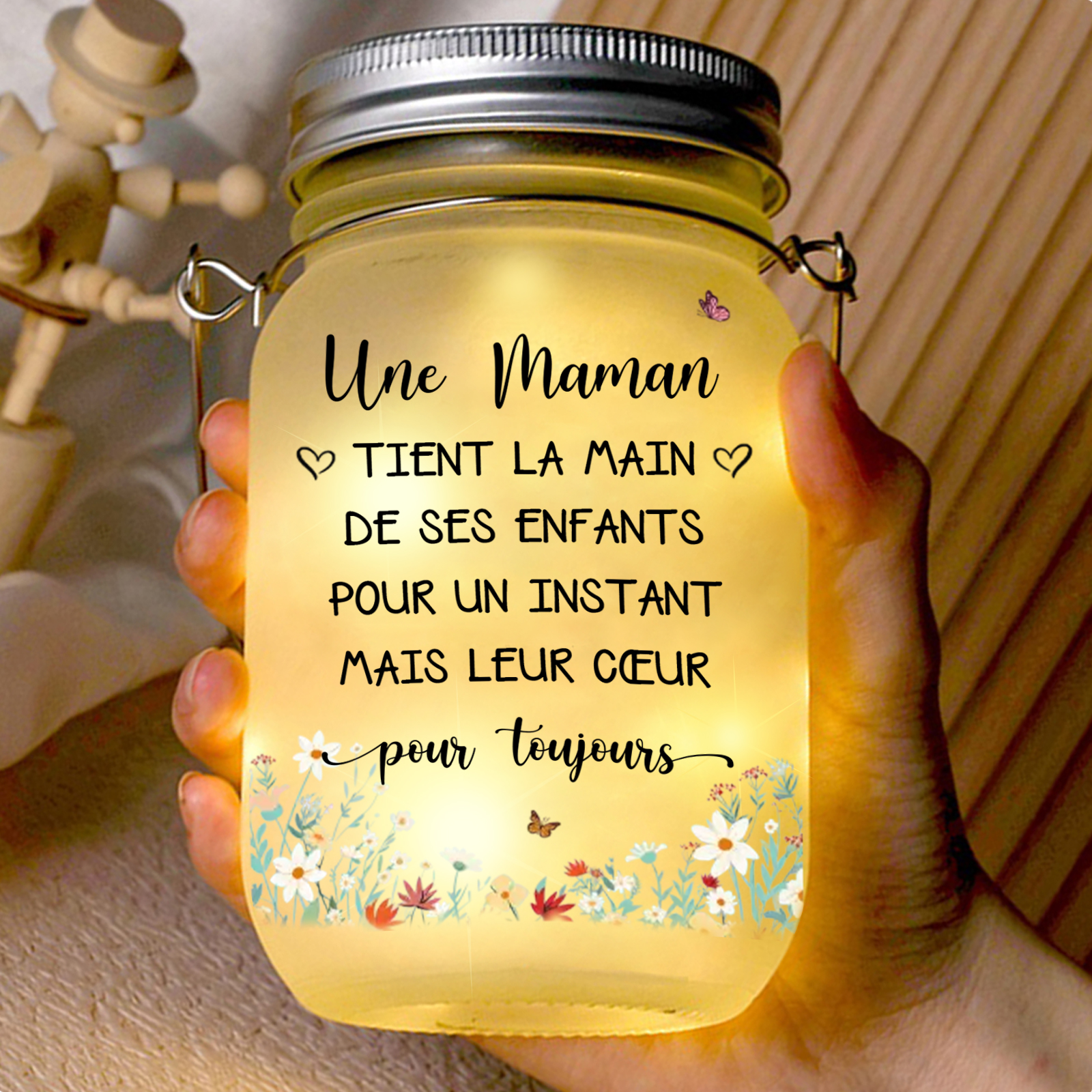 Bouteille Lumineuse Solaire Personnalisé la Main dans la Main Bocal en verre pour Maman