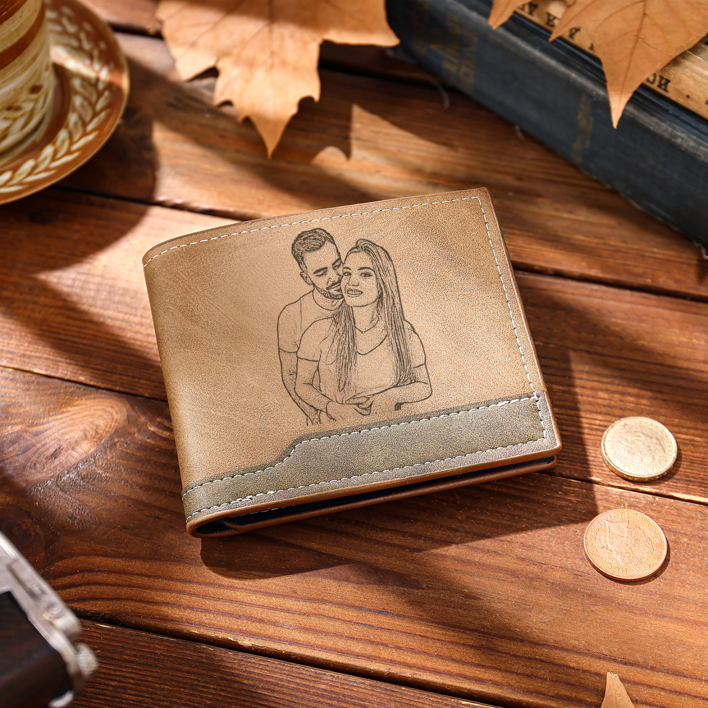 Portefeuille Homme Bicolore Personnalisé en cuir PU, à deux volets, personnalisé avec Photo, Calendrier, Initiales ou Prénom